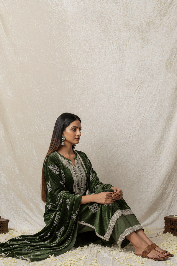 Olive Viscose Velvet Embroidered Kurta Set