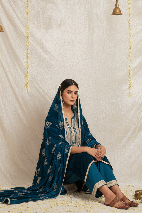 Teal Viscose Velvet Embroidered Kurta Set