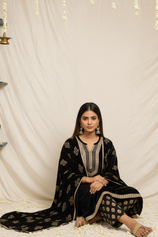 Dark Navy Viscose Velvet Embroidered Kurta Set