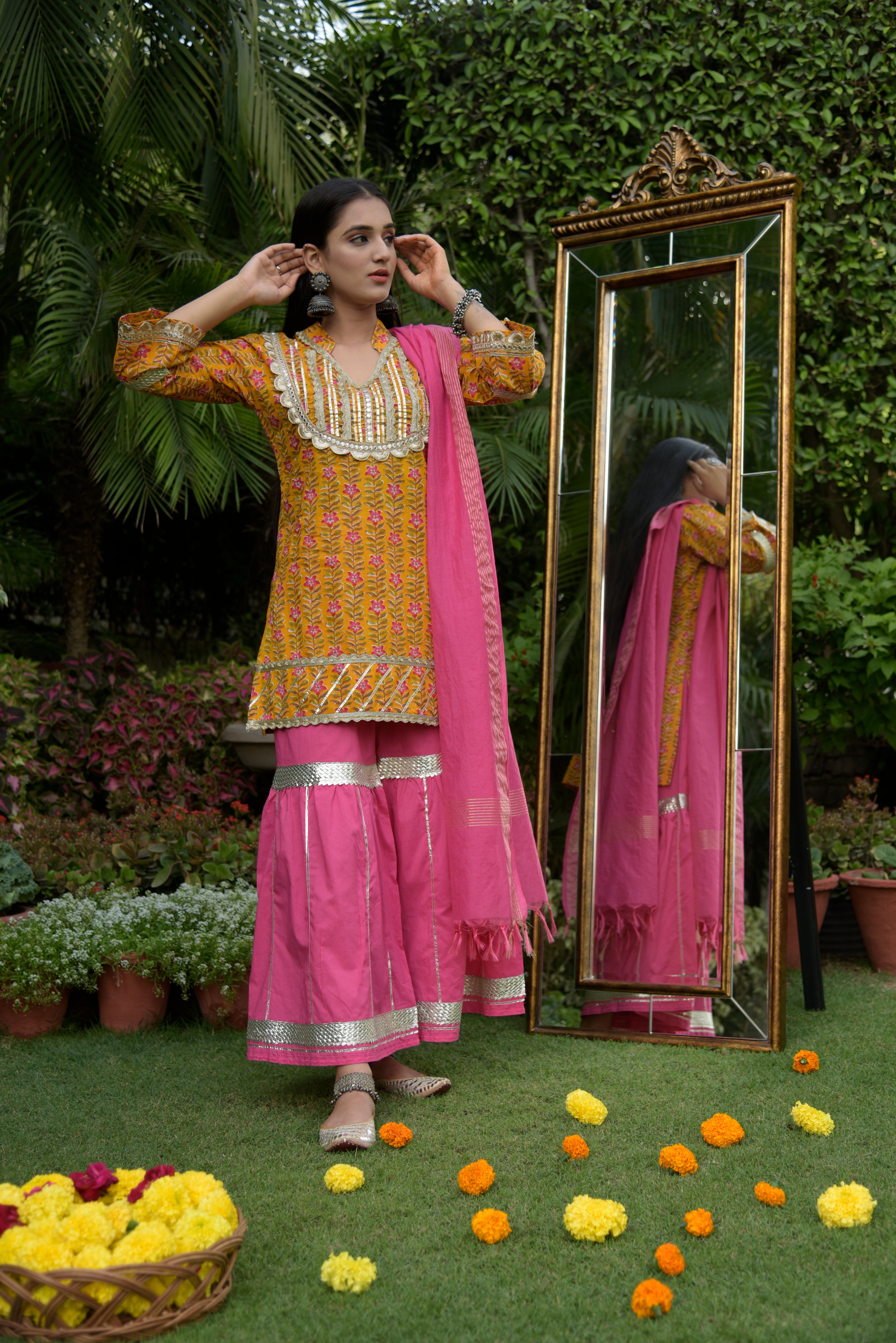 Mustard Printed Kurta Set with Sharara Pants