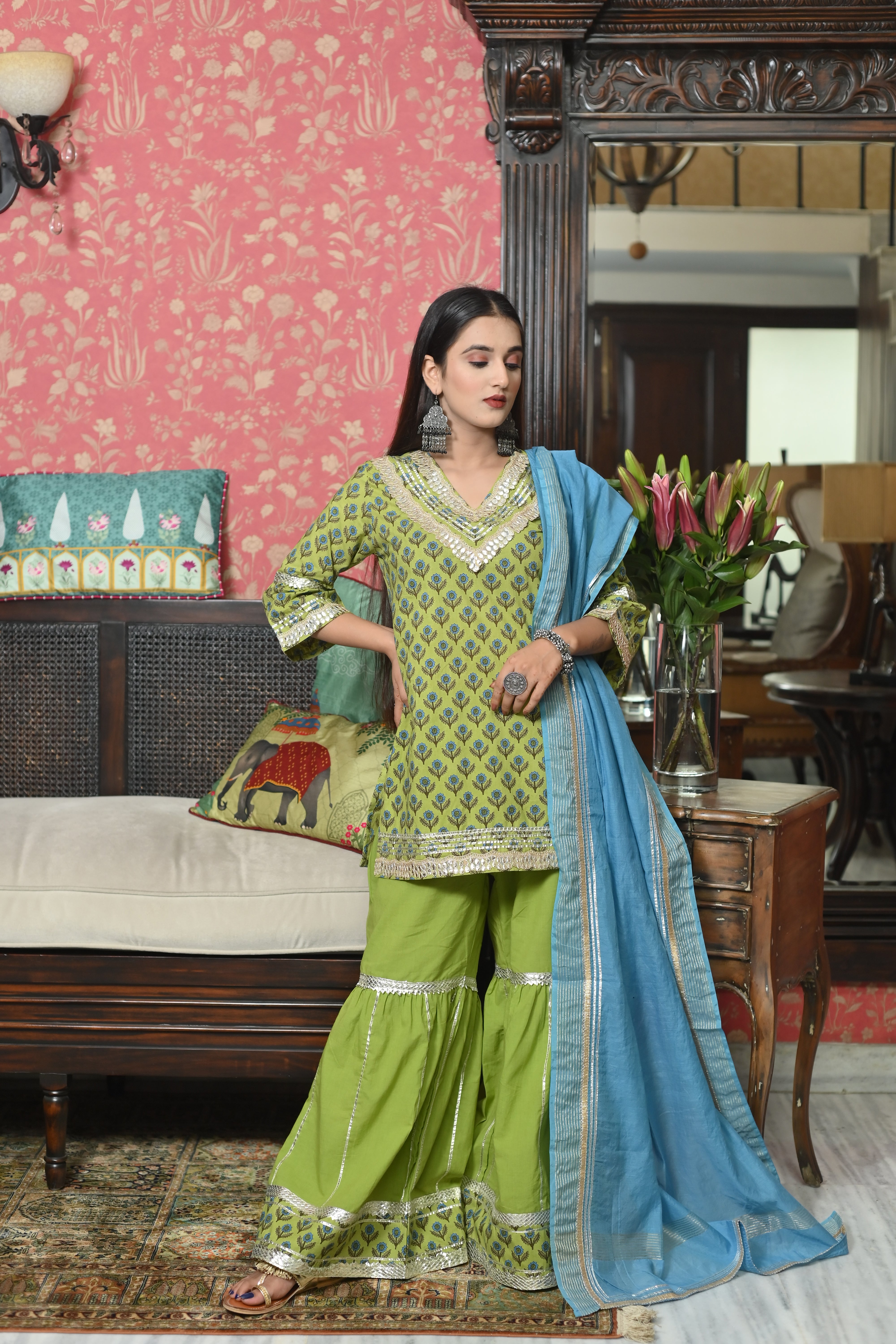 Olive Printed Kurta Set with Sharara Pants