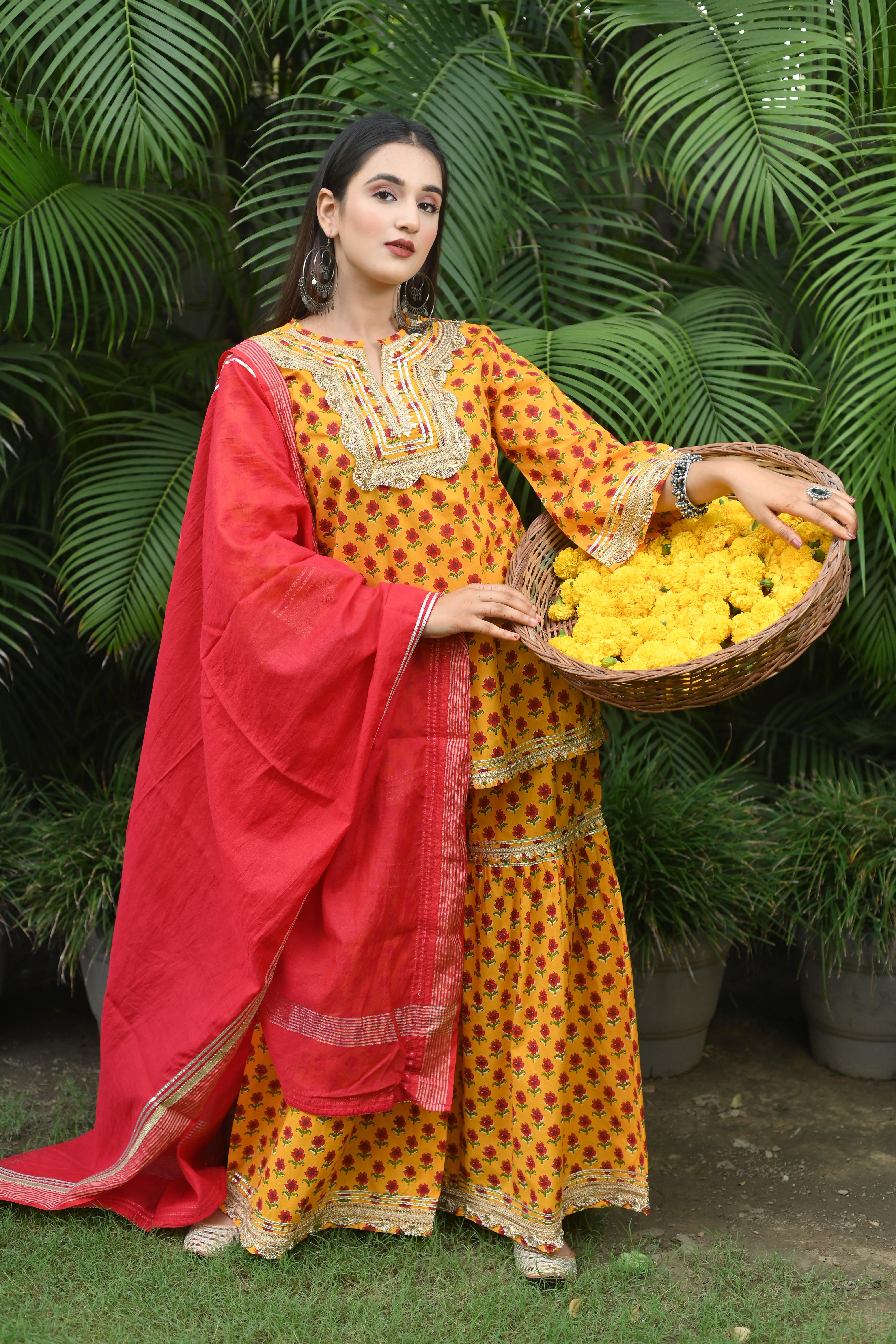 Sunshine Yellow Printed Kurta Set with Sharara Pants