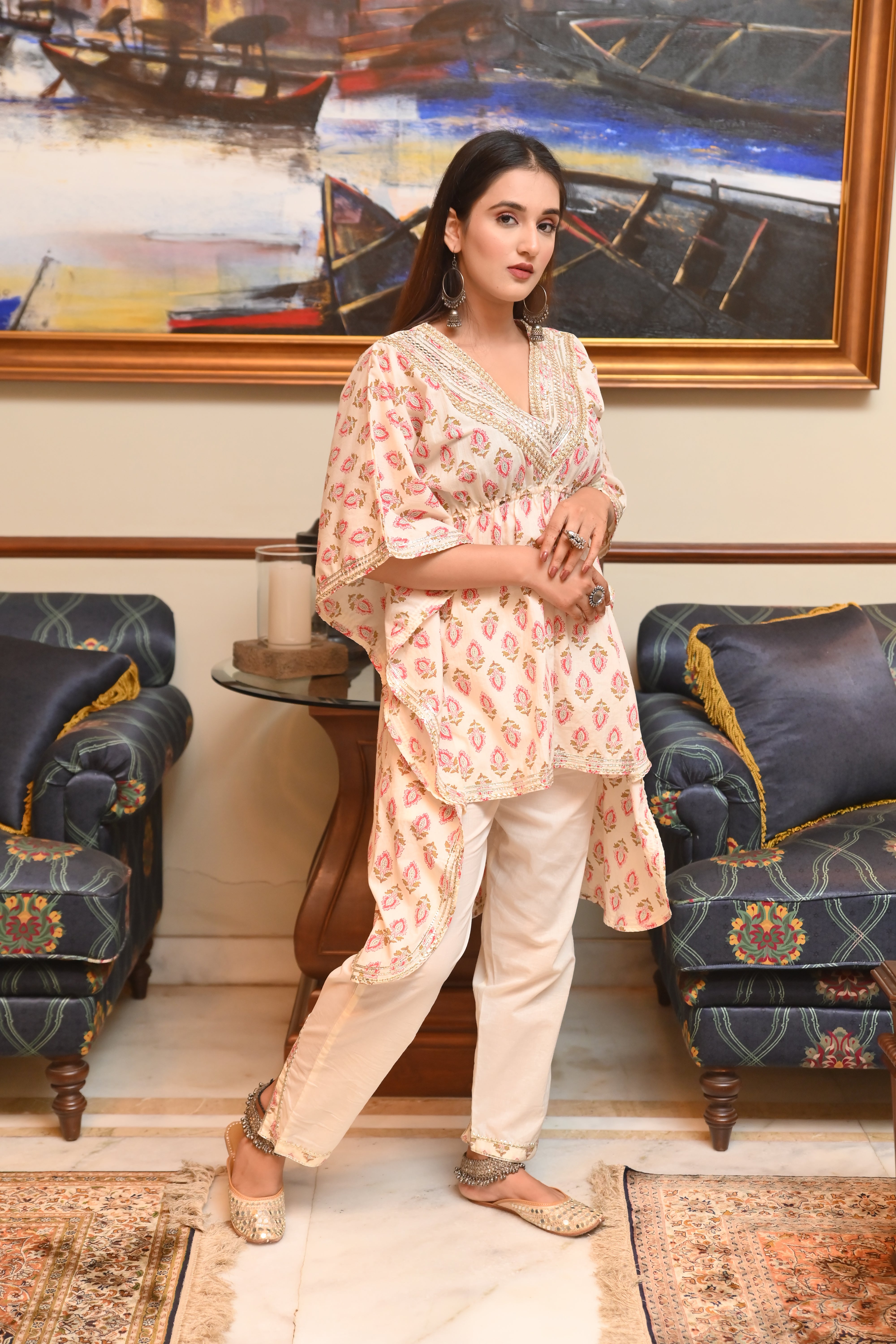 Blush Printed Sunlit Poncho with Straight Pants