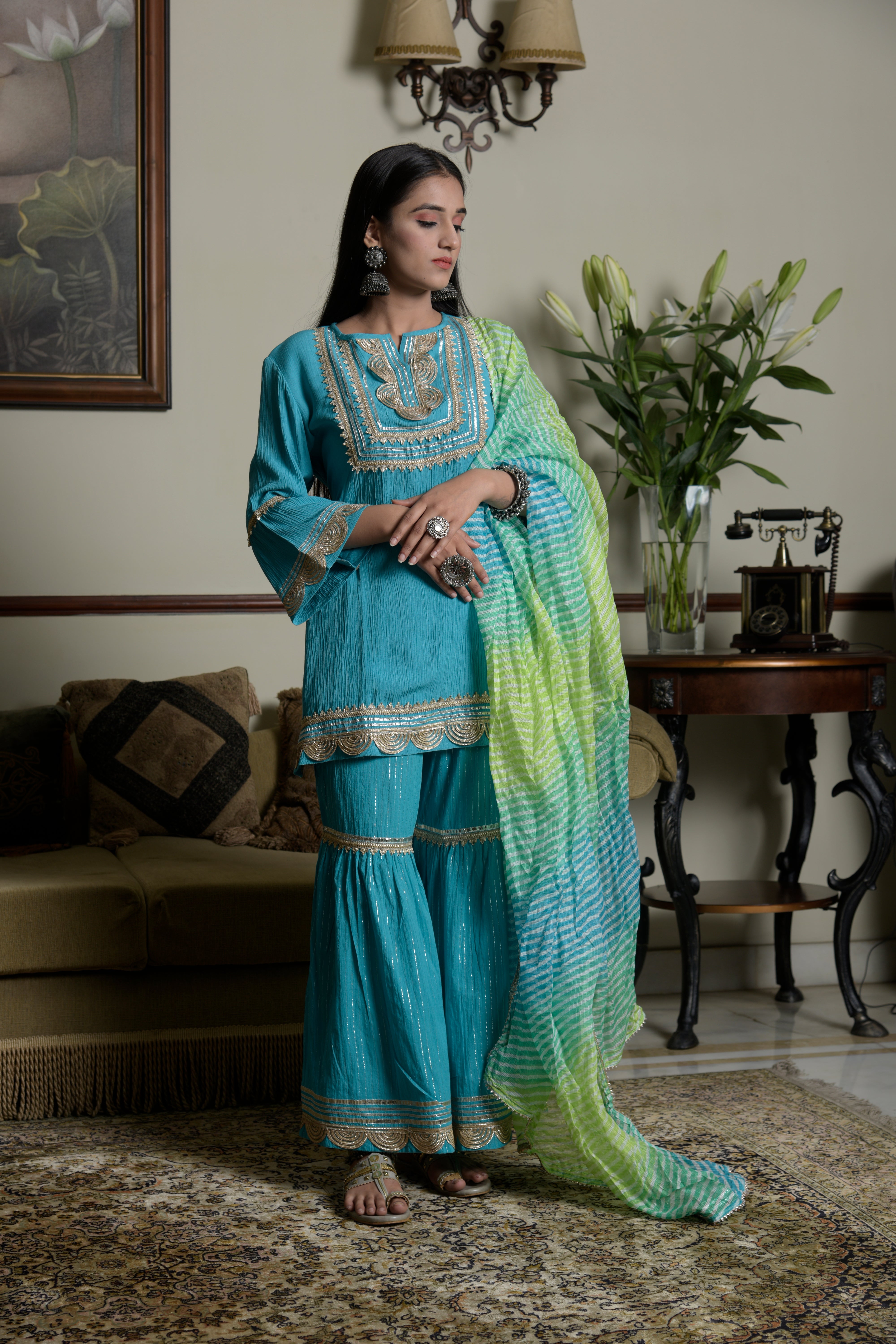 Aqua Blue Kurta Set with Sharara Pants
