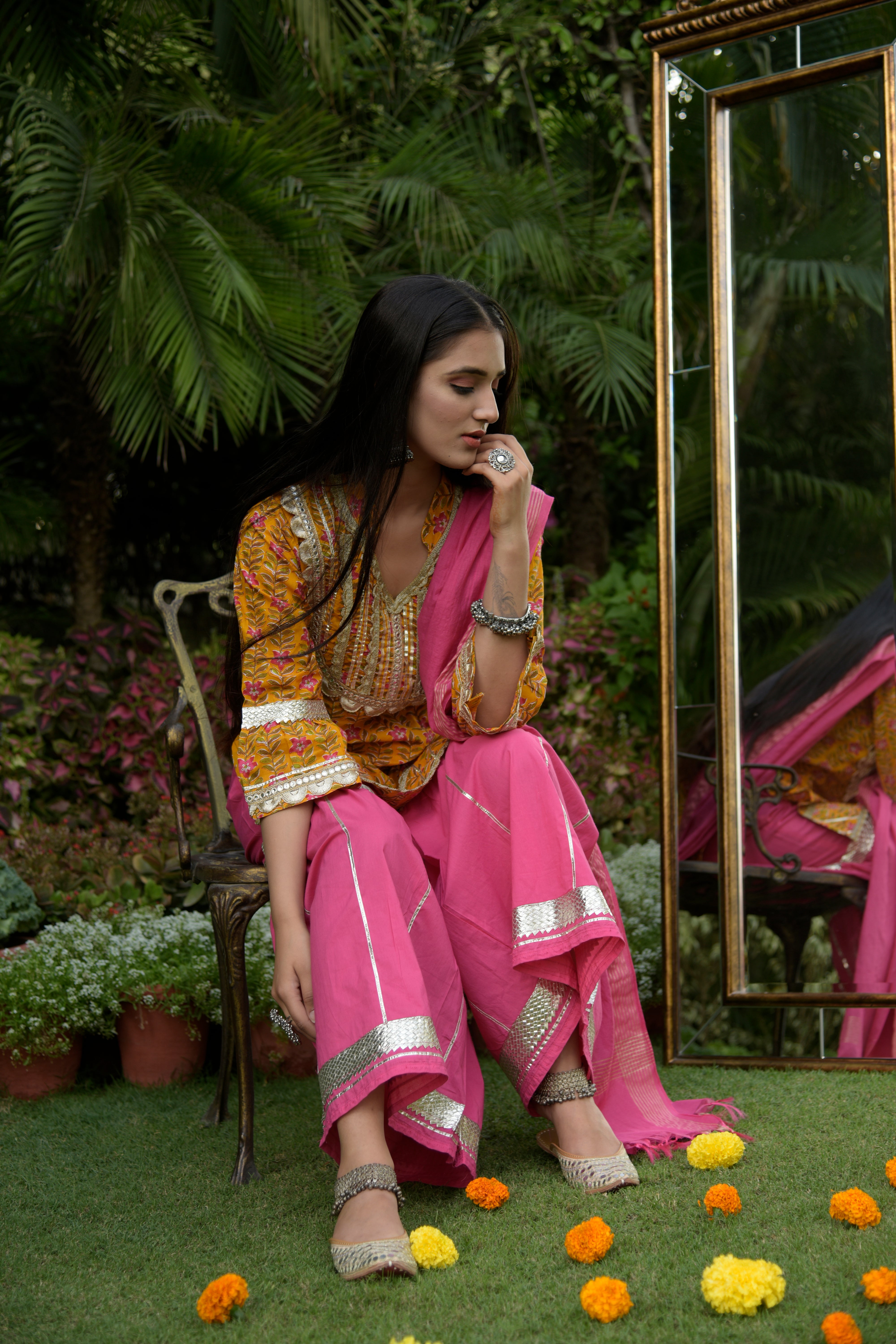 Mustard Printed Kurta Set with Sharara Pants