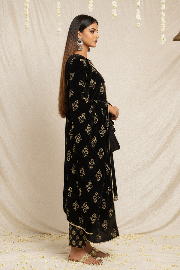 Dark Navy Viscose Velvet Embroidered Kurta Set