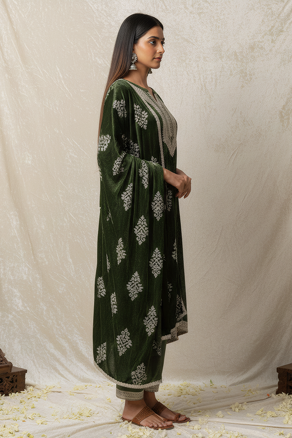 Olive Viscose Velvet Embroidered Kurta Set