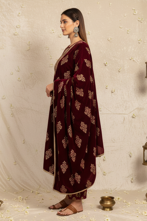 Wine Viscose Velvet Embroidered Kurta Set