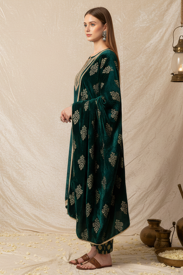 Emerald Green Viscose Velvet Embroidered Kurta Set
