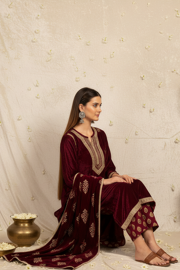 Wine Viscose Velvet Embroidered Kurta Set