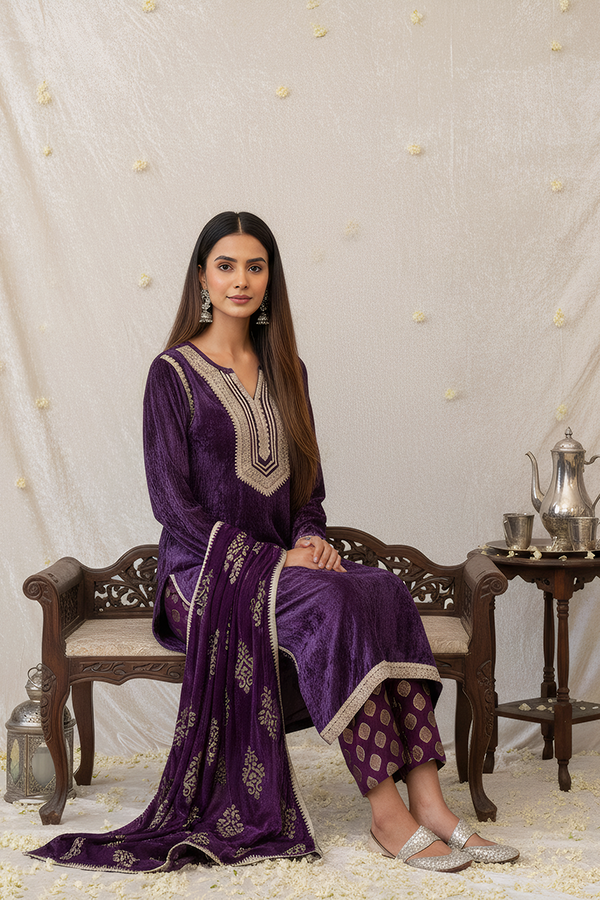 Purple Viscose Velvet Embroidered Kurta Set