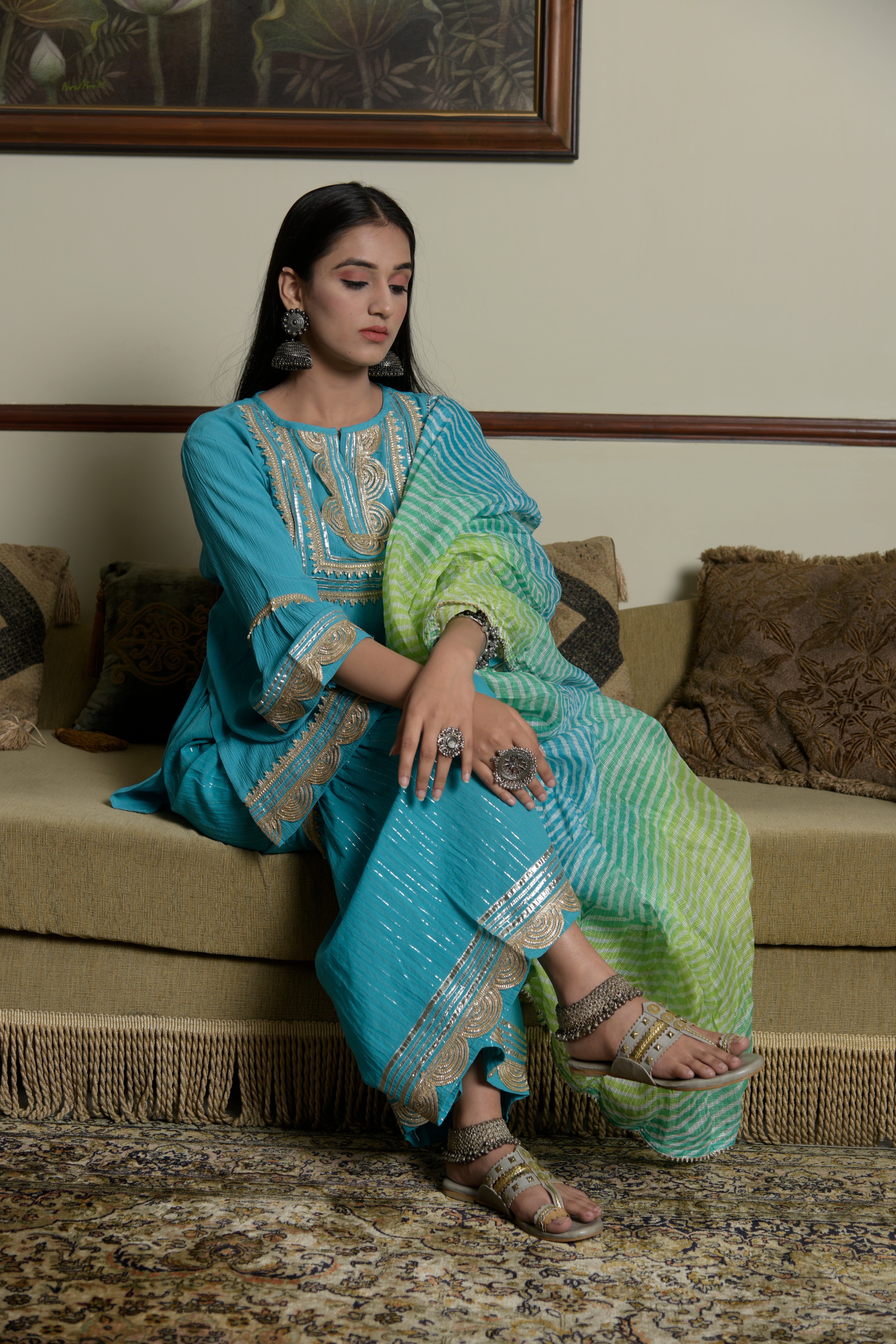 Aqua Blue Kurta Set with Sharara Pants