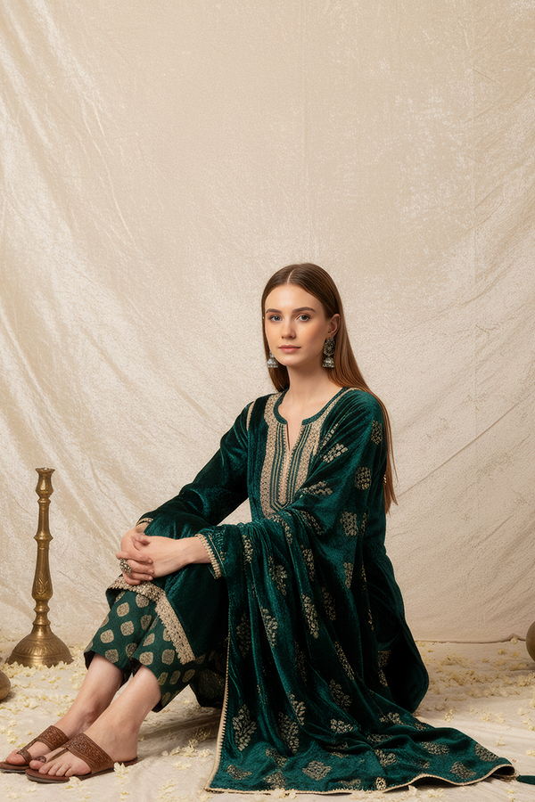 Emerald Green Viscose Velvet Embroidered Kurta Set