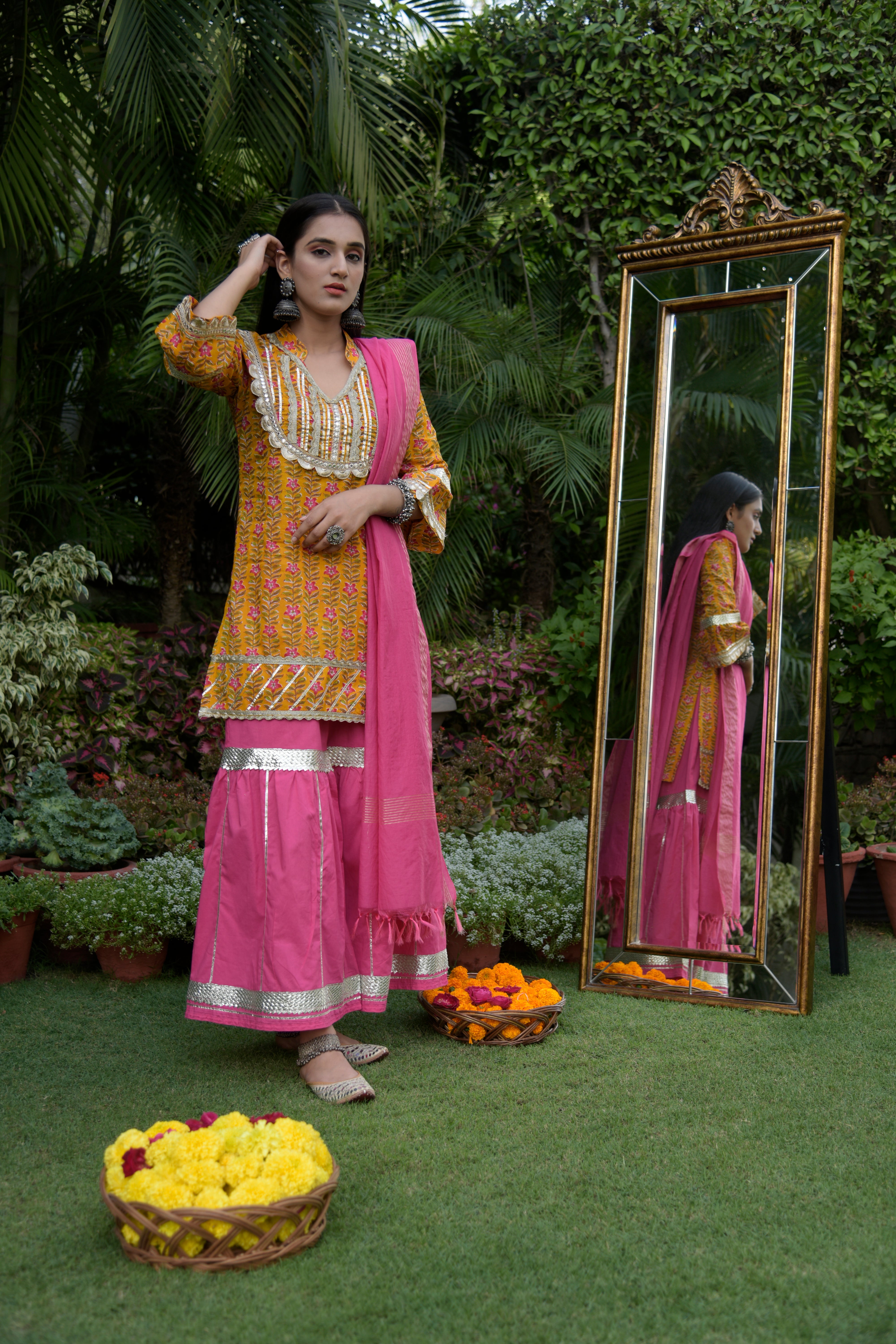 Mustard Printed Kurta Set with Sharara Pants