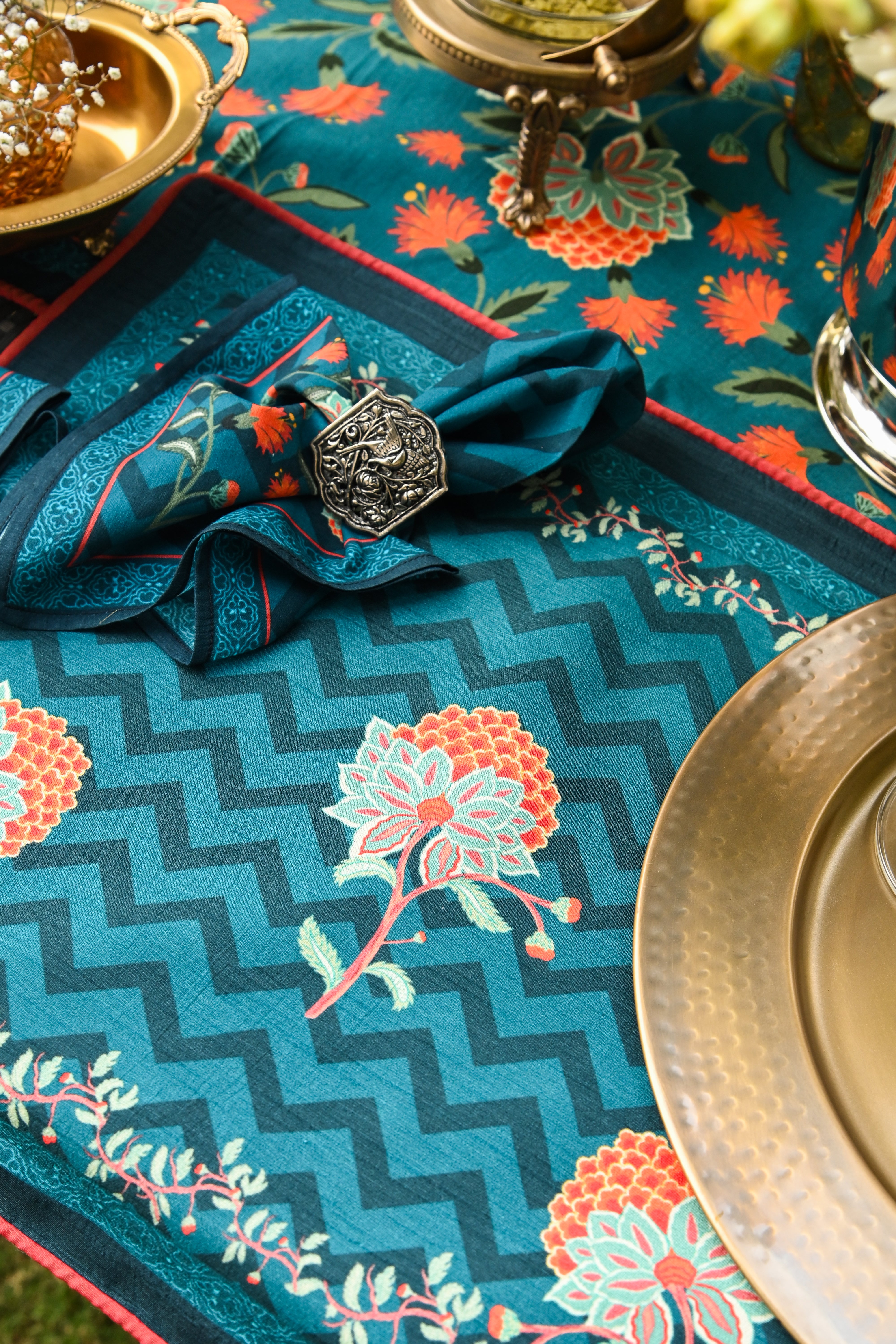 Orange Bloom Green Mat Set